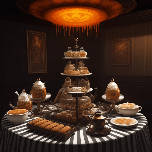 AI generated: an epic cup of flavorful explosive magic tea awaits in the buffet before the show on a white black s...