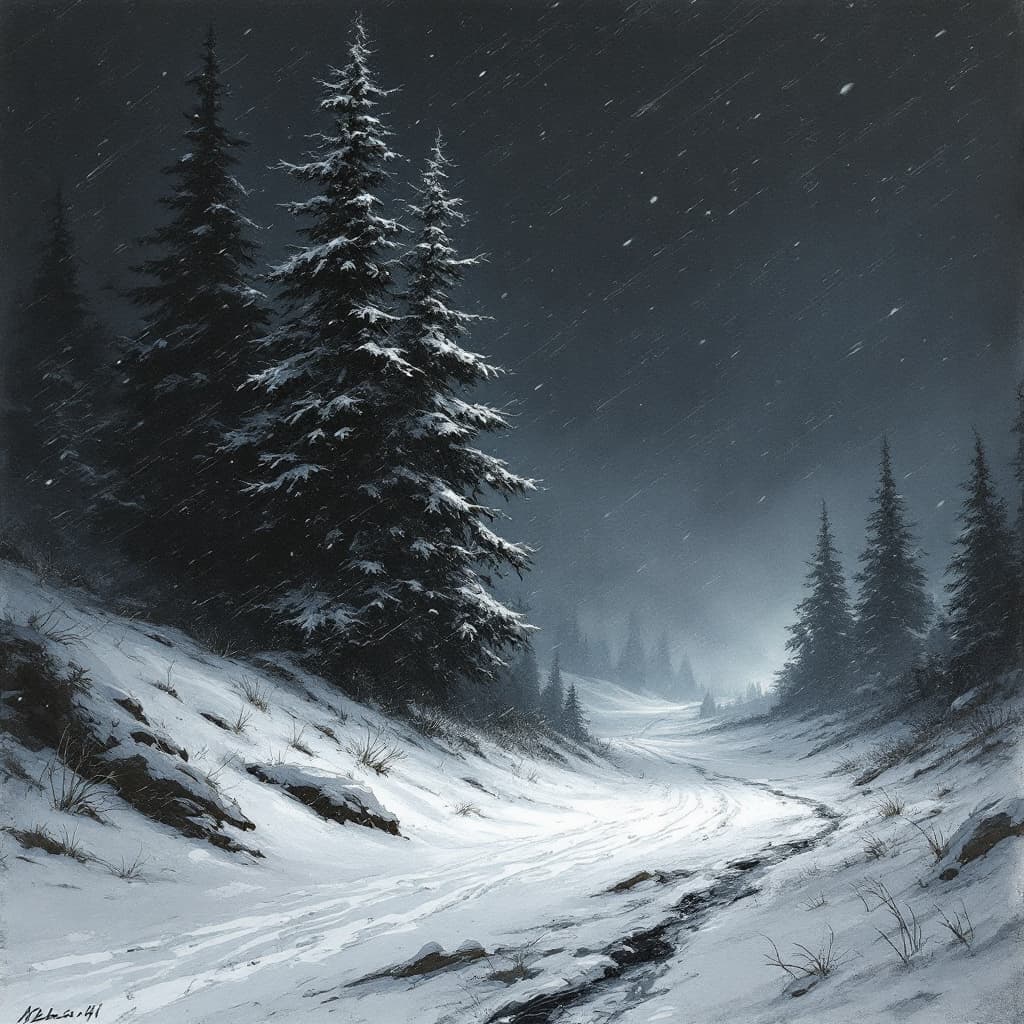 AI generated: illustration of chilly wind howling in winter, night, howling wind, motion, snow covered trees, fog,...