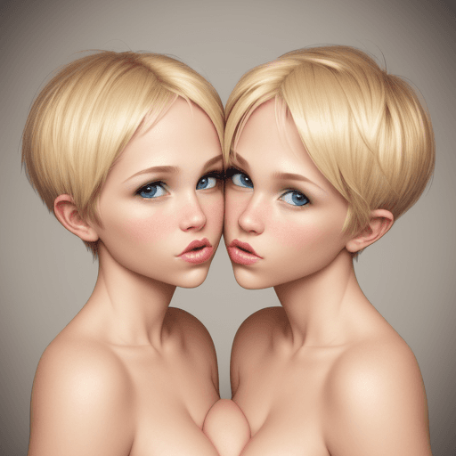AI generated: Hyper realistic super hot massive chested blonde pixie looking cutie with twin sister kissing. 