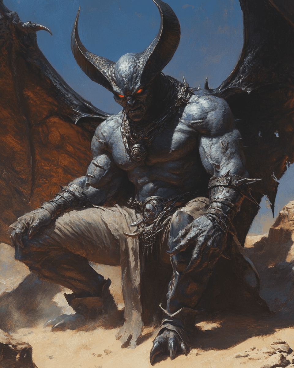 AI generated: A grey alien with large wings and red eyes posing for the camera, in the style of Frank Frazetta, ag...