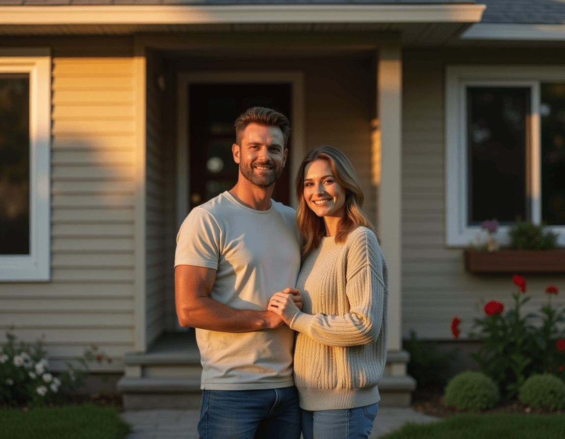 AI generated: A photorealistic portrait of a next-door couple standing side by side in their cozy suburban front y...