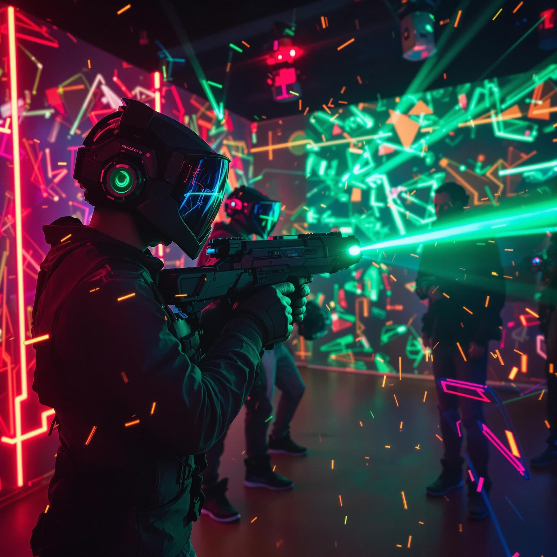 AI generated: happy corporate retreat playing laser tag, futuristic corporate retreat playing games, fujifilm