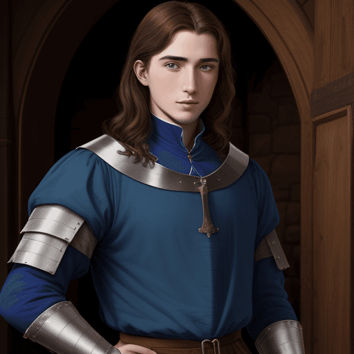 AI generated: young medieval noble man. Relatively weak, serious look but with a friendly face. Blue clothes.