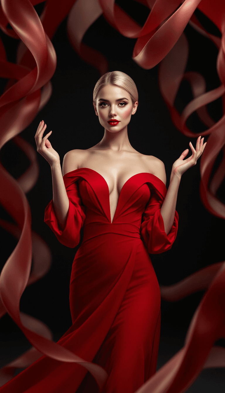 AI generated: The image features a woman standing confidently with both hands lightly touching the swirling, ribbo...