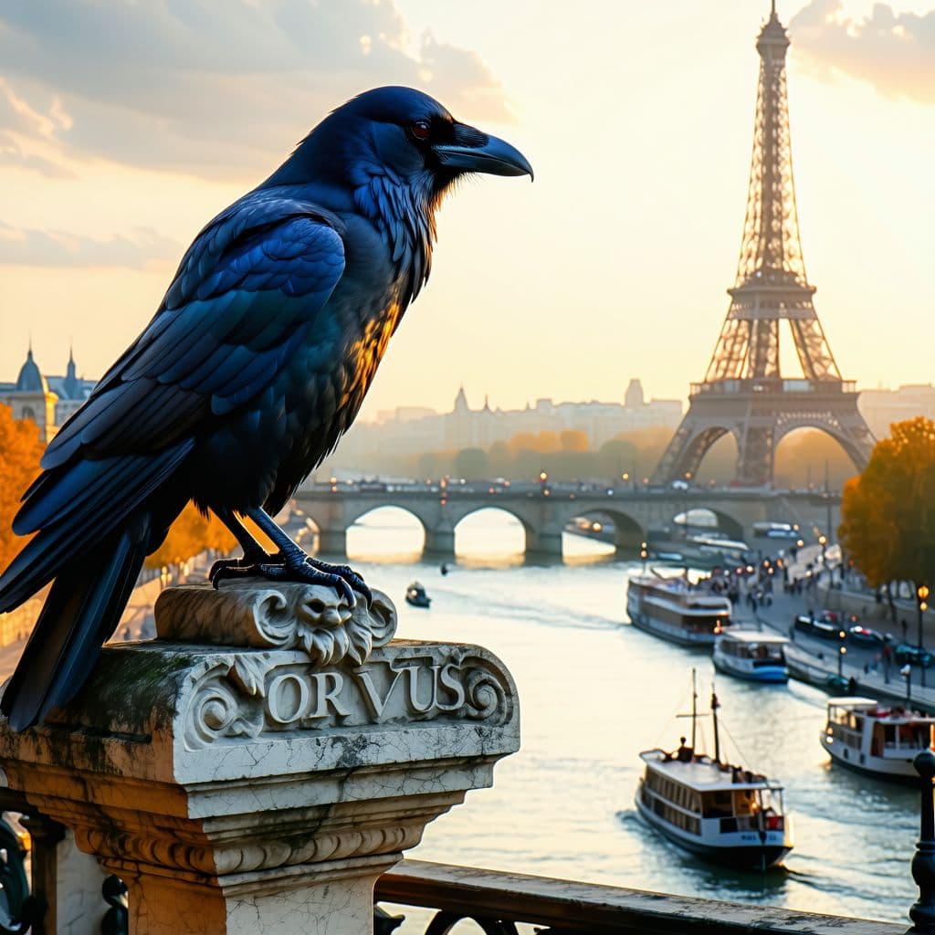 AI generated: Ultra Realistic image, square format (1:1). A black crow perched on the head of a weathered realisti...