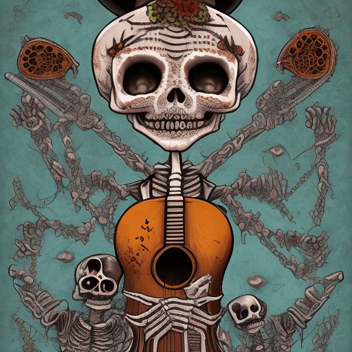 AI generated: DEAD DANCING KATRINA WITH MARIACHI SKELETON GUITAR BAND UNDEAD KITTENS CATS CEMETERY DARK HORROR TOM...