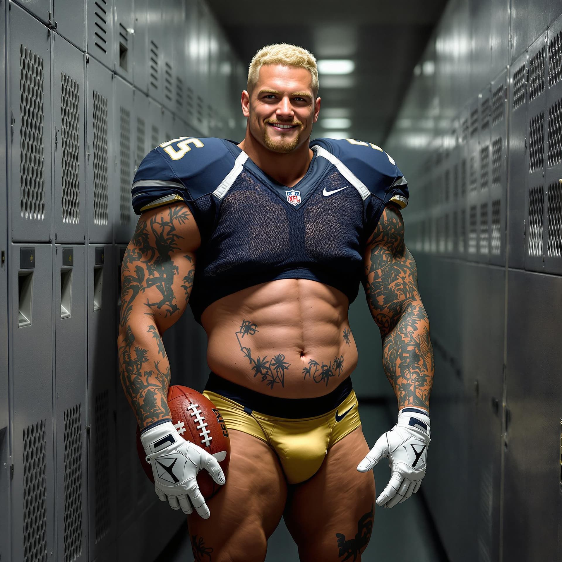 AI generated: Full image, Locker room, gray lockers, tall lean muscular man, lots of tattoos, neat blonde short ha...