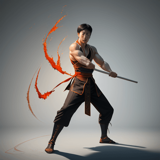 AI generated: A young man stands tall and strong like Jet Li and Jackie Chan mythology, set show Wushu Tao, holdin...