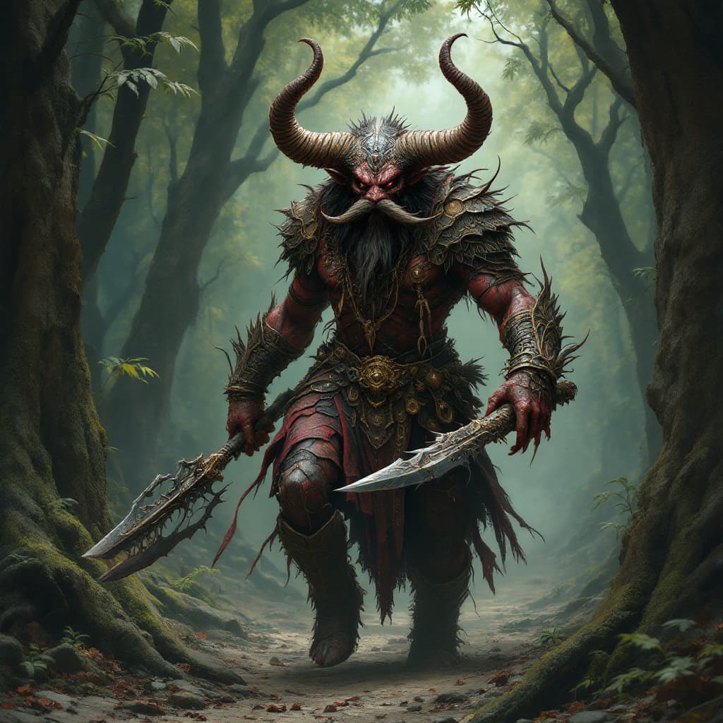 AI generated: Ancient hindu demon illustration of a mahisasur who is leader of asuras with buffafalo horns large m...