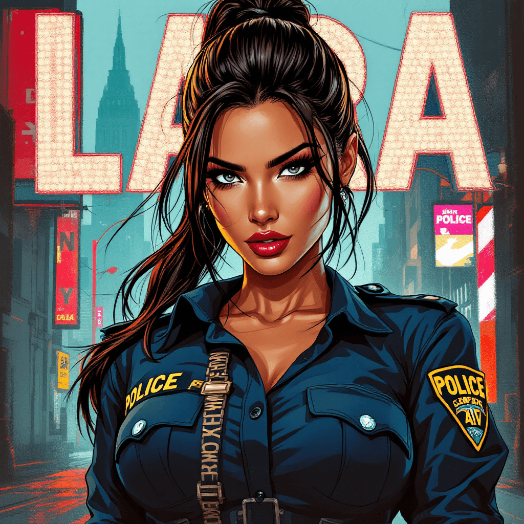 AI generated: Cartoon illustration, comic book cover featuring of a gorgeous Mediterranean woman with a brunette s...