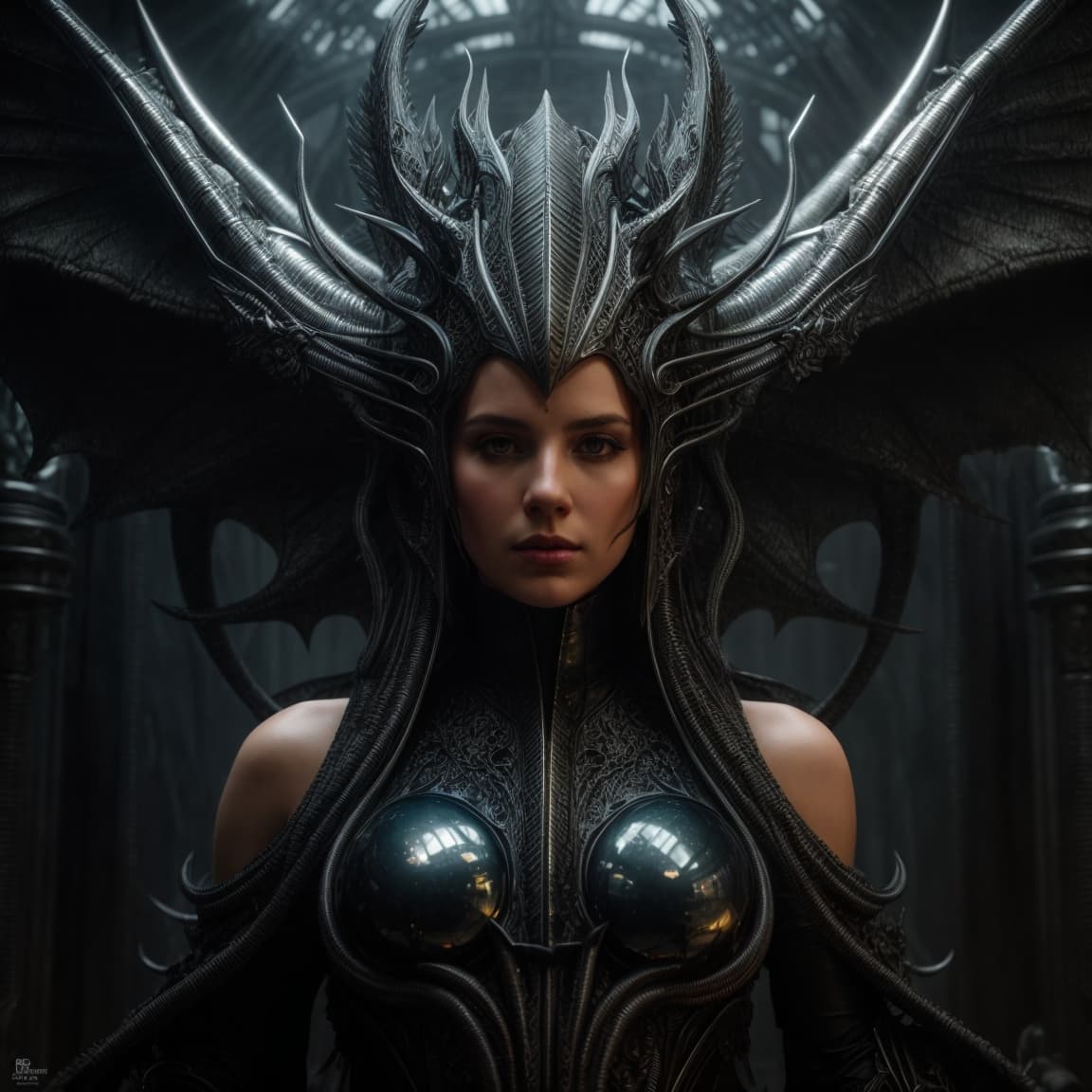 AI generated: Designed by HR giger, Ben Erdt oil painting,photo shoot from side,g string, divine proportion, incre...