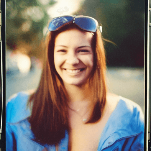AI generated: Kodak disposable camera photo of a beautiful female, smiling suggestively, look up 
