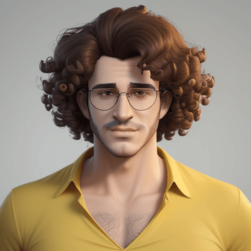 AI generated: A man with curly hair and a yellow shirt, rendered in cinema4d style, attractive characters, I can't...