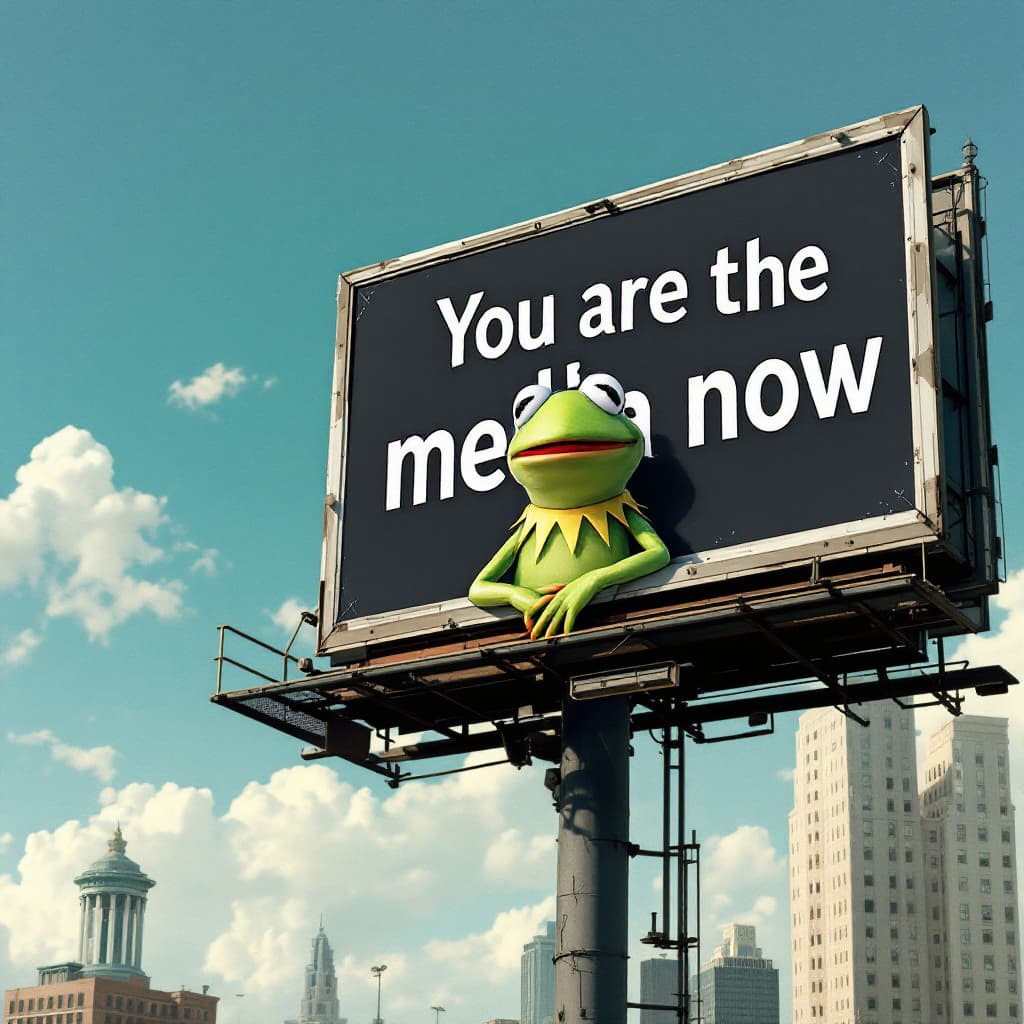 AI generated: pepe the frog with a billboard that says "You are the media now"