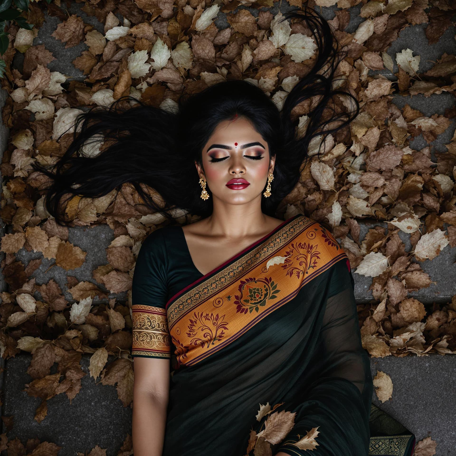 AI generated: a Kerala woman, from above, lying on old stone stairs in covered in dead leaves, Kerala Saree dress,...