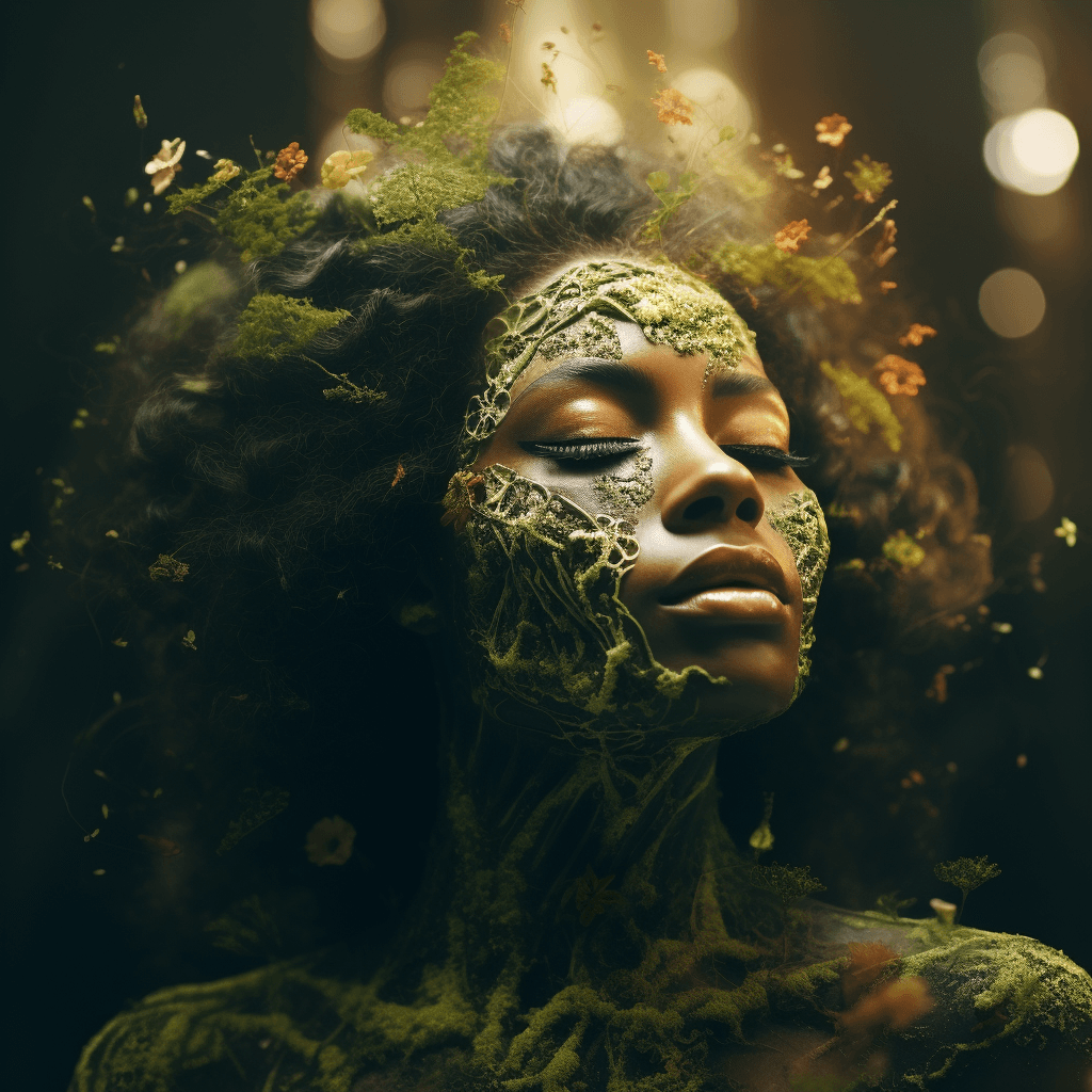 AI generated: Mother nature. Portrait of a beautiful young woman's face emerging from a moss covered tree. Close u...