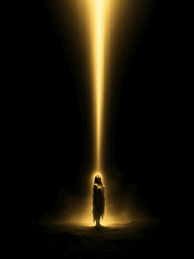 AI generated: Dark fantasy scene, a small, solitary woman stands in the vast, infinite blackness of an endless voi...