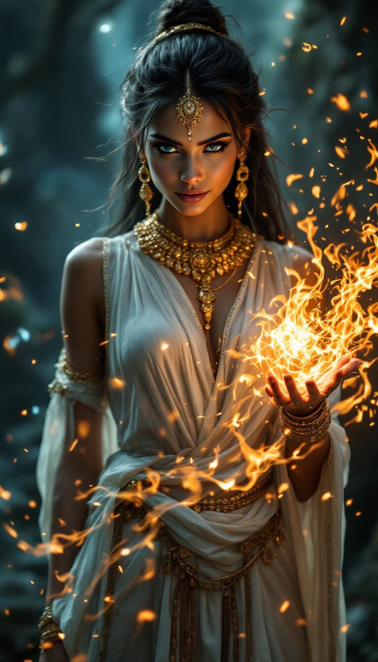 AI generated: A stunning slim Indian female wizard stands poised in a magical dark fantasy realm, casting a mesmer...