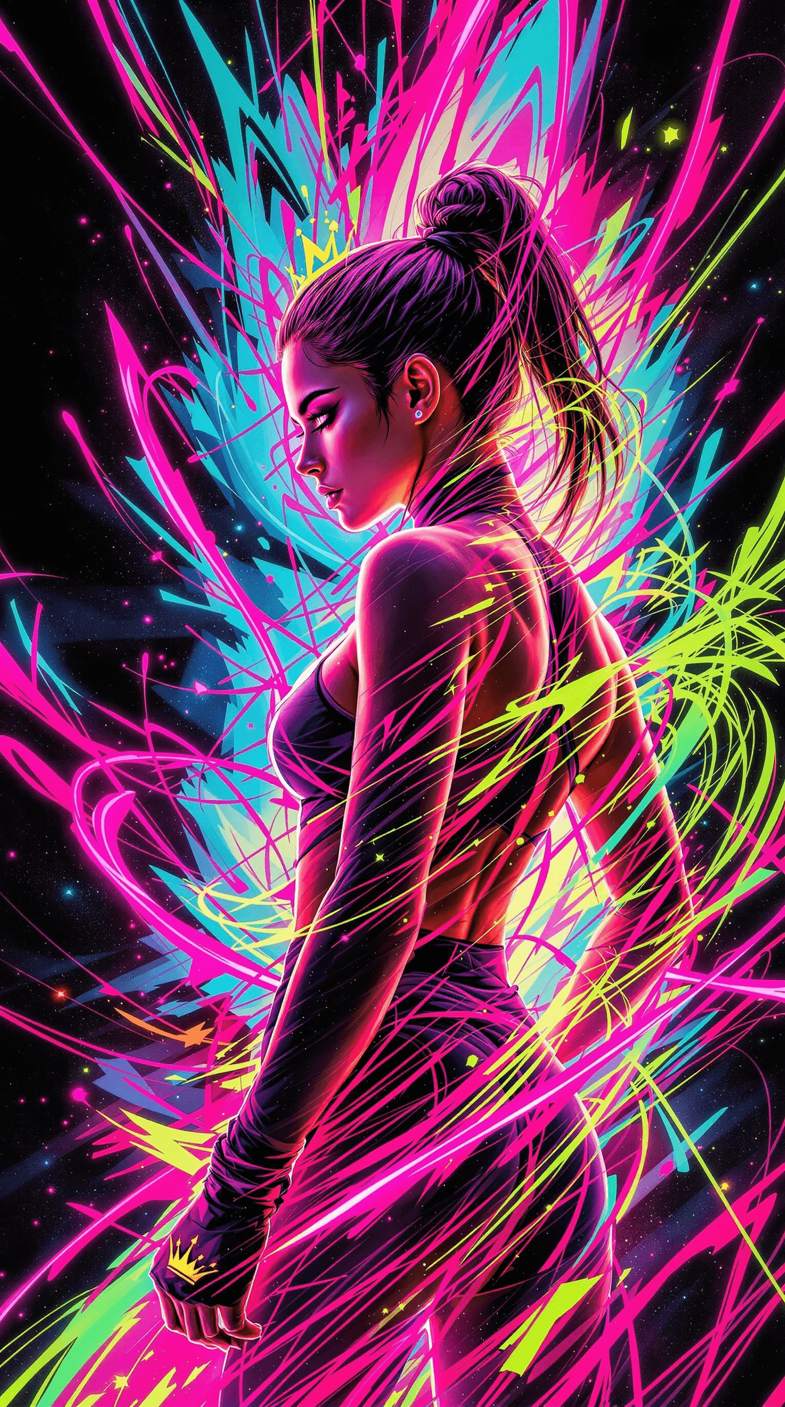 AI generated: A female jiu-jitsu athlete surrounded by graffiti-style motion trails in neon pink, teal, and lime g...