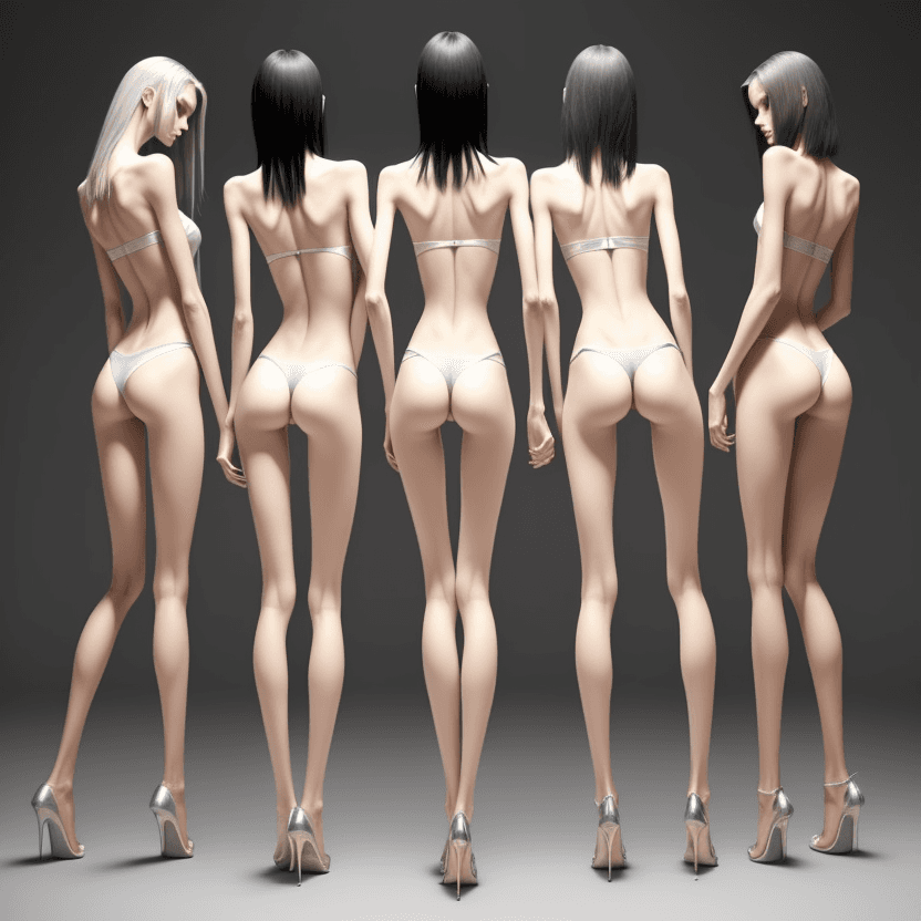 AI generated: photo of three an extremely skinny, flat-chested models with extreme long and skinny legs with extre...