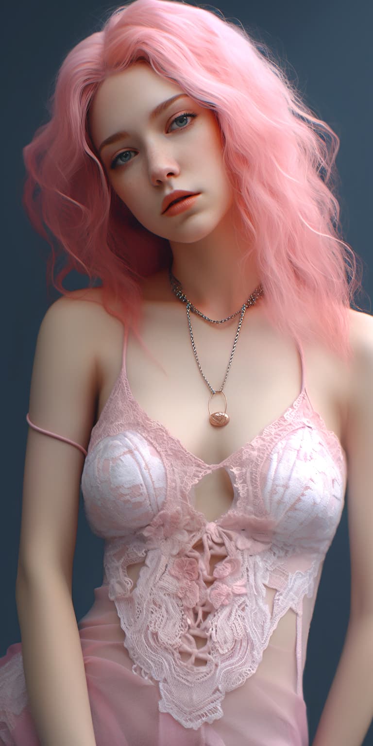 AI generated: A woman wearing pink hair in a pink lace dress, in the style of hyperrealism and photorealism, UHD i...