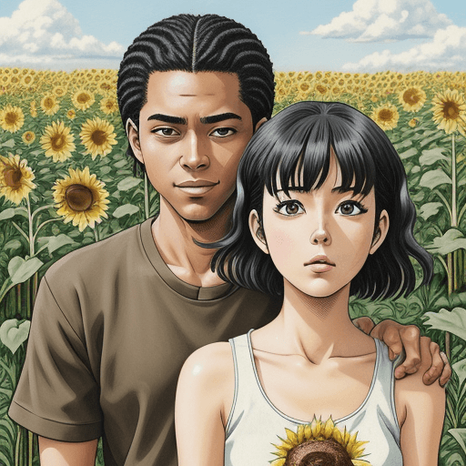 AI generated: close up, japanese manga, nostalgia vibes, retro showa, ghibli, couple, lovers, african american gir...