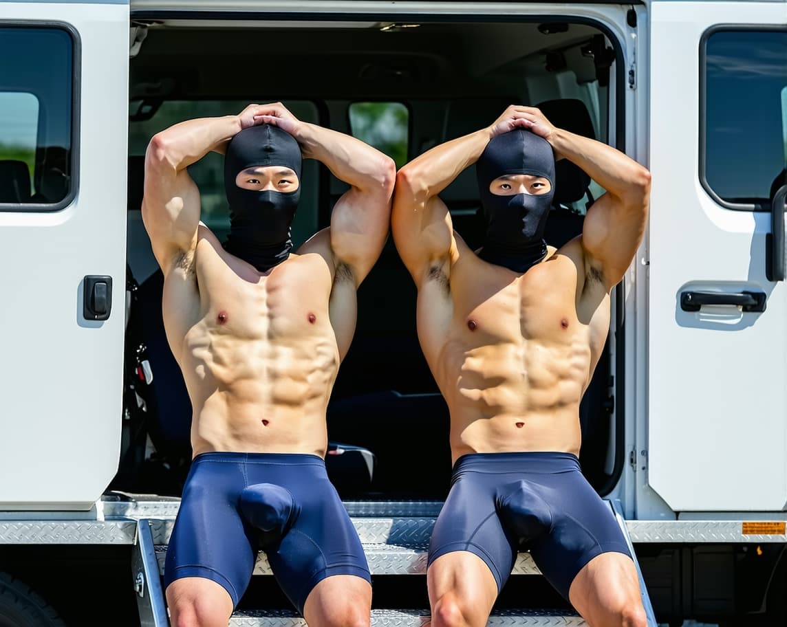 AI generated: Two male Chinese strong swimmers wearing compression swimming jammer shorts in navy color were arres...