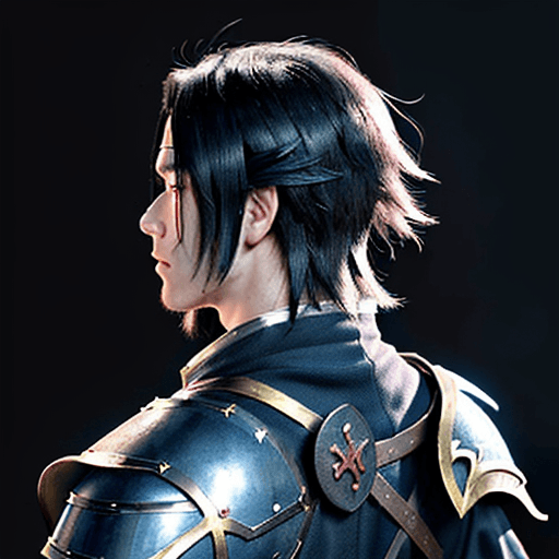 AI generated: dark, pfp, profile background, anime boy, character, fantasy, medieval, looking from behind at viewe...