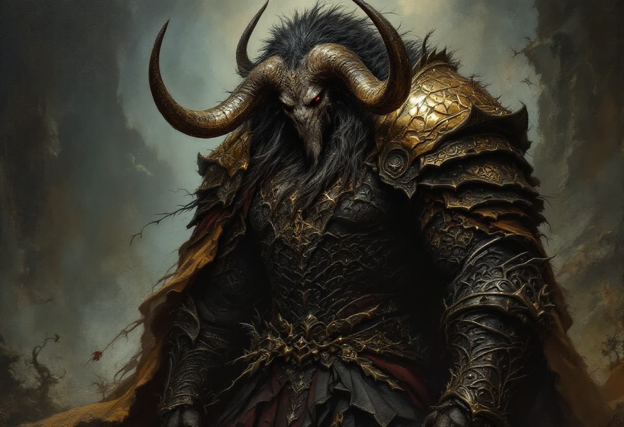AI generated: gothic oil painting Anthropomorphic Minotaur, intricately textured armor in a dark gothic-inspired i...