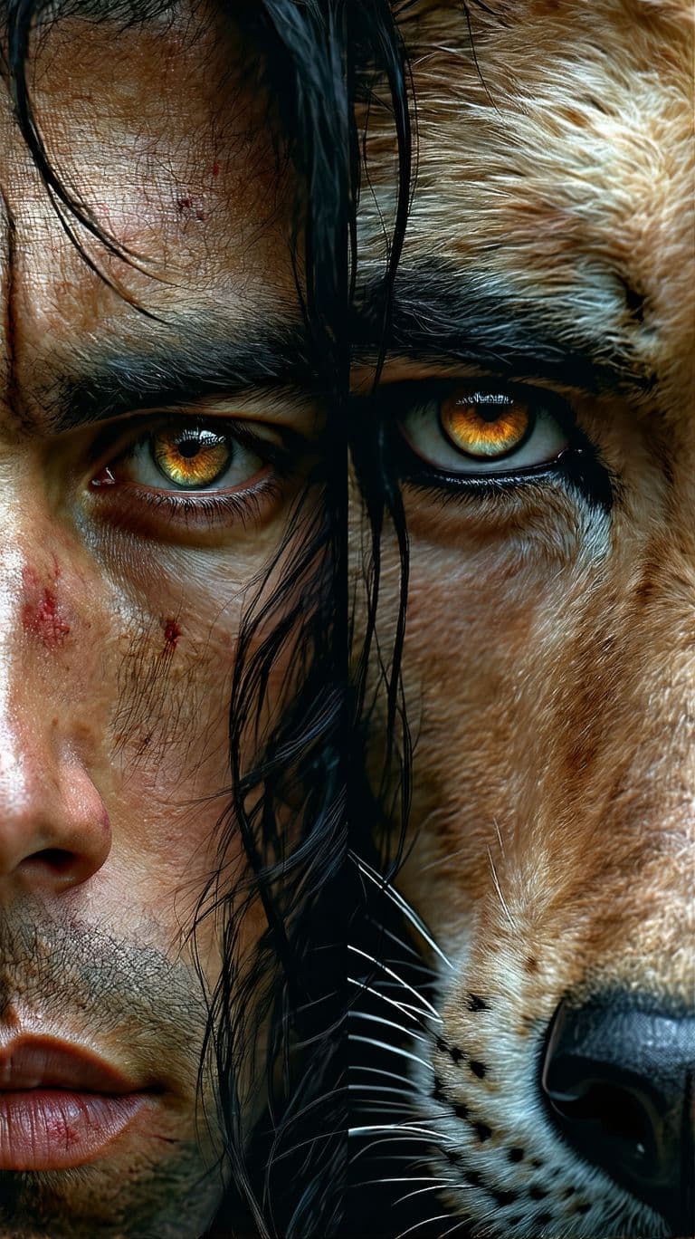 AI generated: Hyper realistic Un híbrido entre humano y un lobo inspirado en la novela La isla del Dr. Moreau. Un ...