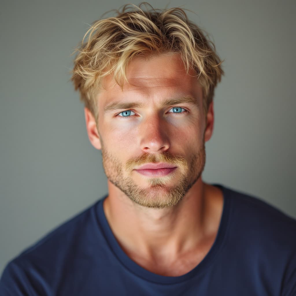 AI generated: High-res portrait of a 30-year-old white American man, pink-toned skin, messy sandy blonde hair, lig...