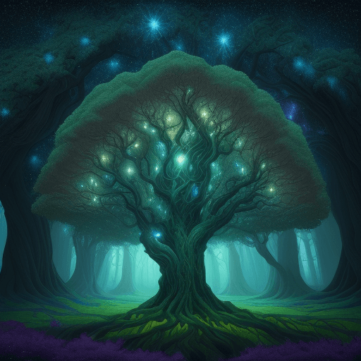 AI generated: bright painting of a tree with stars in the sky, in the style of dreamlike fantasy creatures, multil...