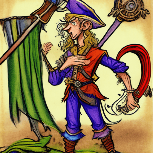 AI generated: comics stylized, medieval fantasy, monkey, skinny, magic flute bard, membrane flaps under his arms, ...