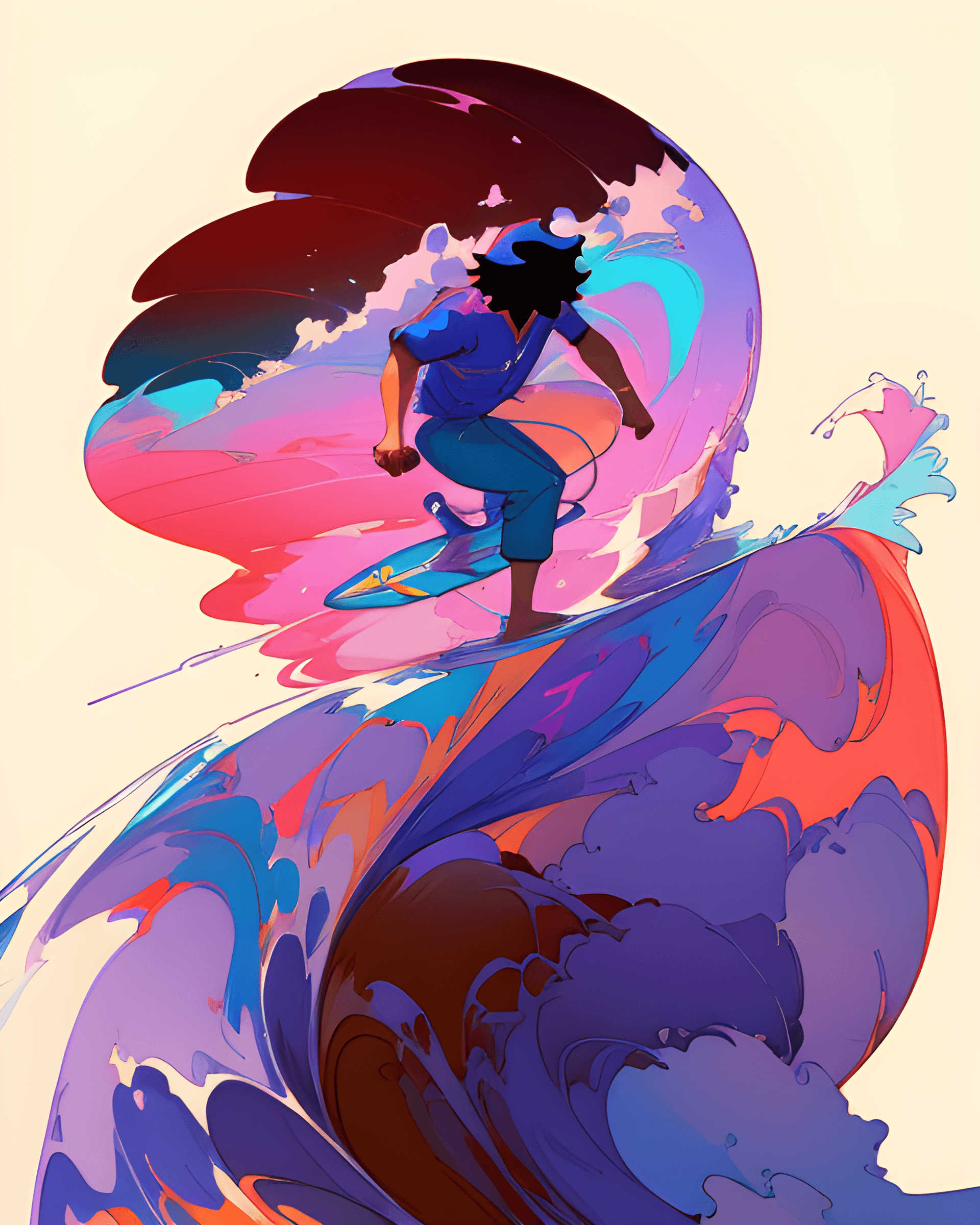AI generated: a man riding a surfboard on top of a wave, inspired by Tomer Hanuka, tumblr, conceptual art, blue an...