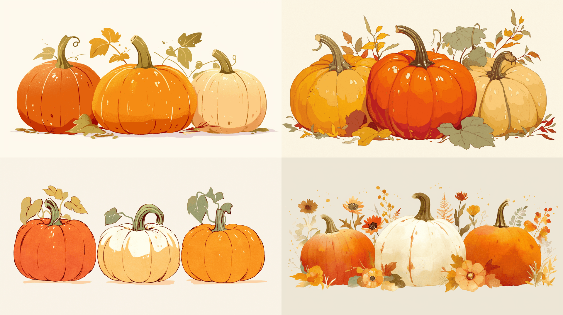 AI generated: illustration of 3 pumpkins, bright pastel colors, in the style of Beatrix Potter and Edwardian reali...