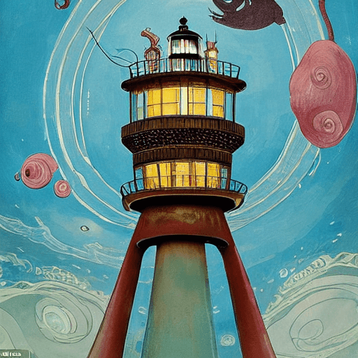 AI generated: A giant octopus with big eyes  holds a lighthouse in its tentacles painted by victo ngai, Alexander ...
