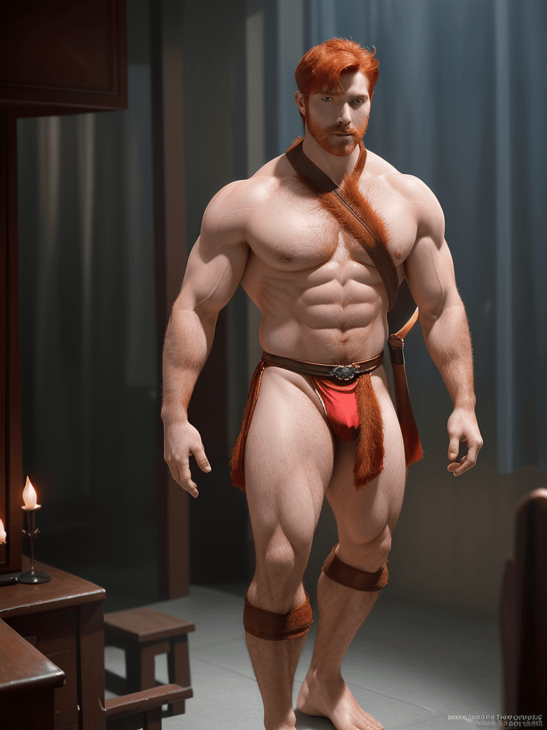 AI generated: Very handsome man, redhead complexion, big muscles and big thighs, red short hair, in his thirties, ...