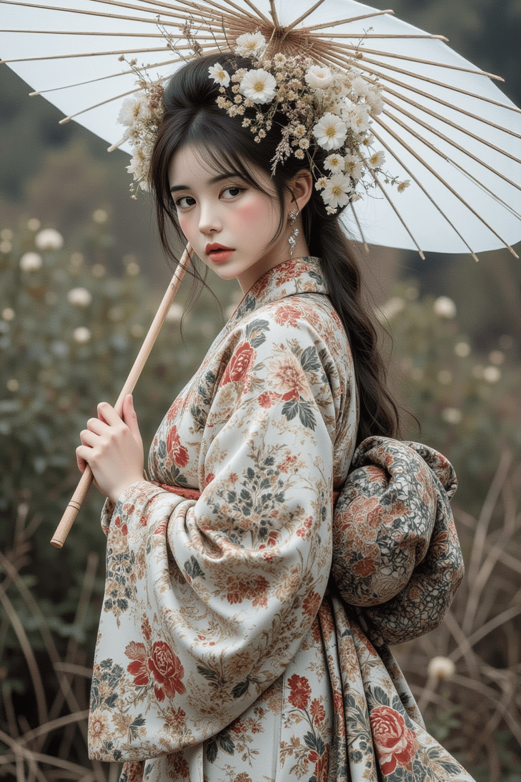 AI generated: A beautiful Japanese woman wearing an elegant, intricately patterned kimono, holding a large white t...