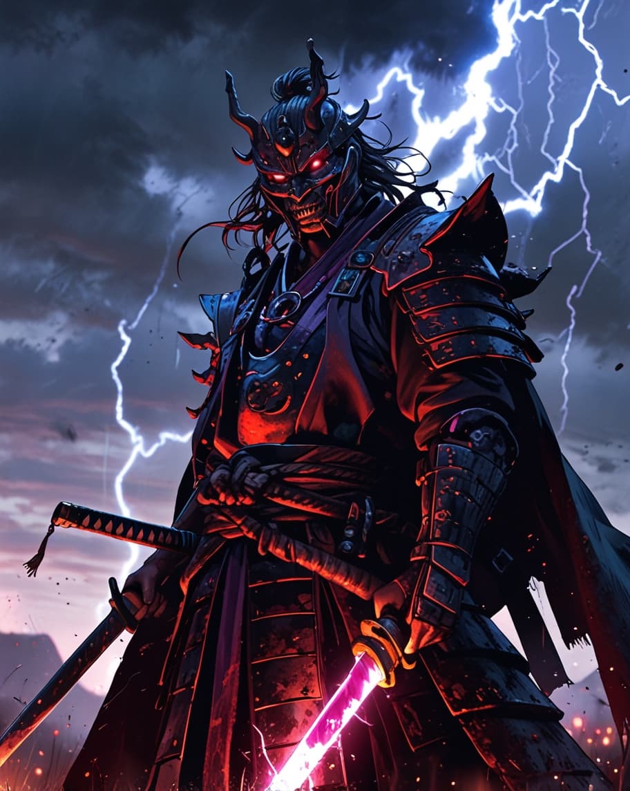 AI generated: A dark-faced samurai warrior with glowing red eyes, wearing traditional samurai armor, his face part...