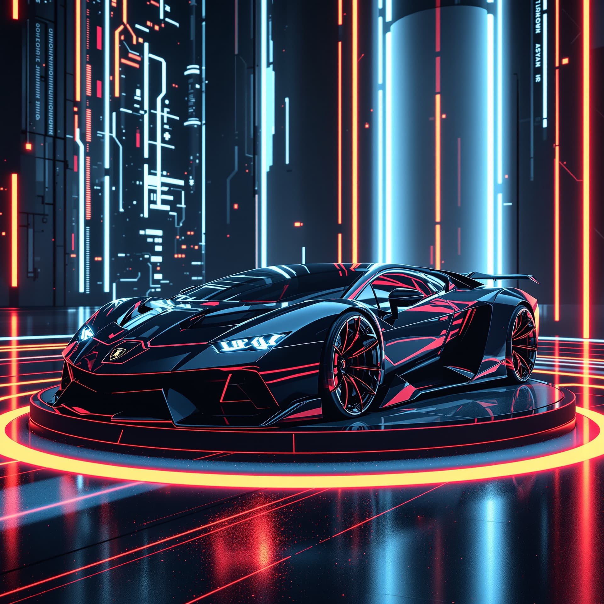AI generated: sleek shiny dark metallic futuristic lamborghini sports car is parked on top of a raised lighted neo...
