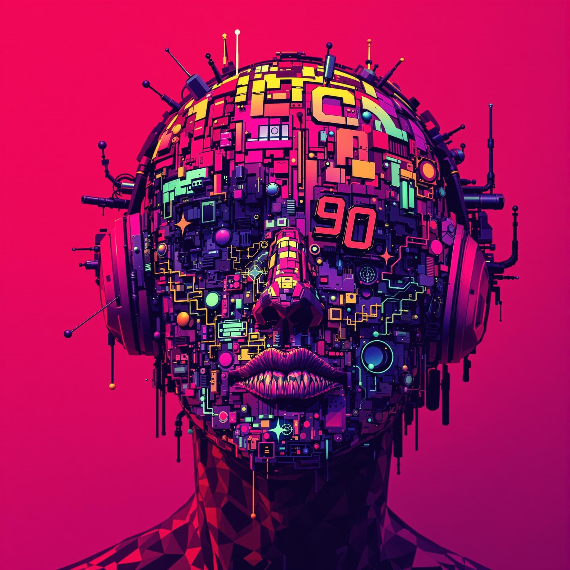 AI generated: 3d 90s rave Techno hybrid  head