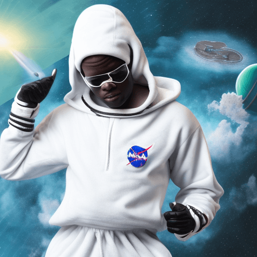 AI generated: a Blackman in a white ski mask and is wearing white track suit, with a nasa logo on his tracksuit,fi...