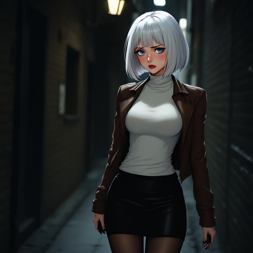 AI generated: anime, woman, white hair, bob cut, straight bangs, blue eyes, freckles, red lips, white sweater, tig...