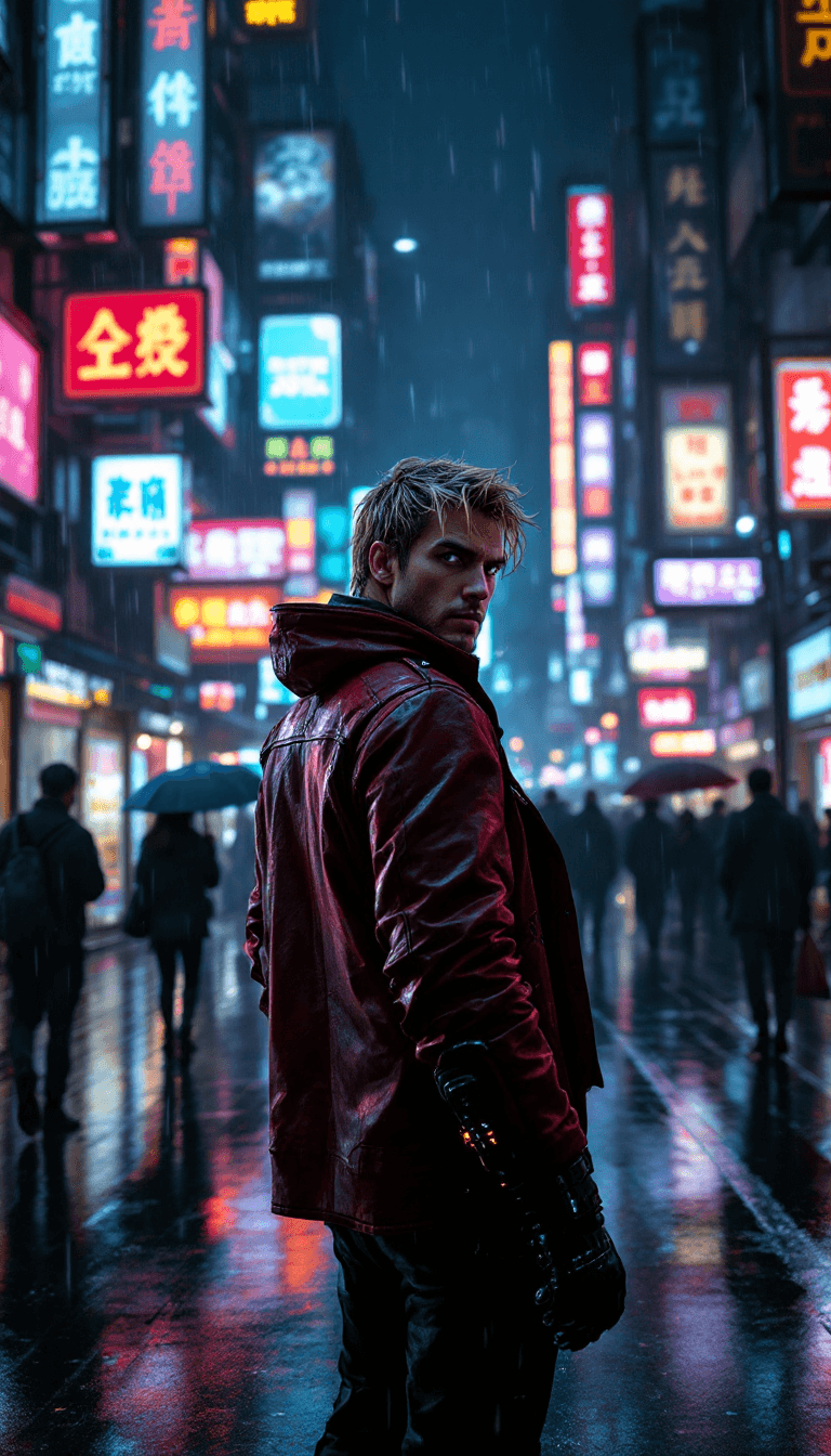AI generated: A hyper-realistic cinematic shot of a man inspired by a retro anime hero, standing in the middle of ...
