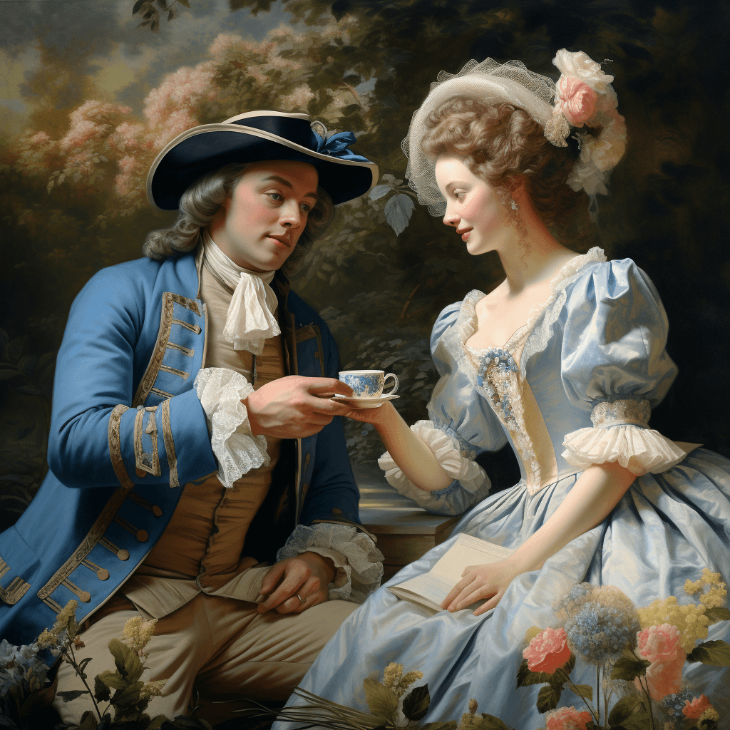 AI generated: a painting shows a man and lady in a garden, man holds a cup of tea in his hand, woman holds a flowe...