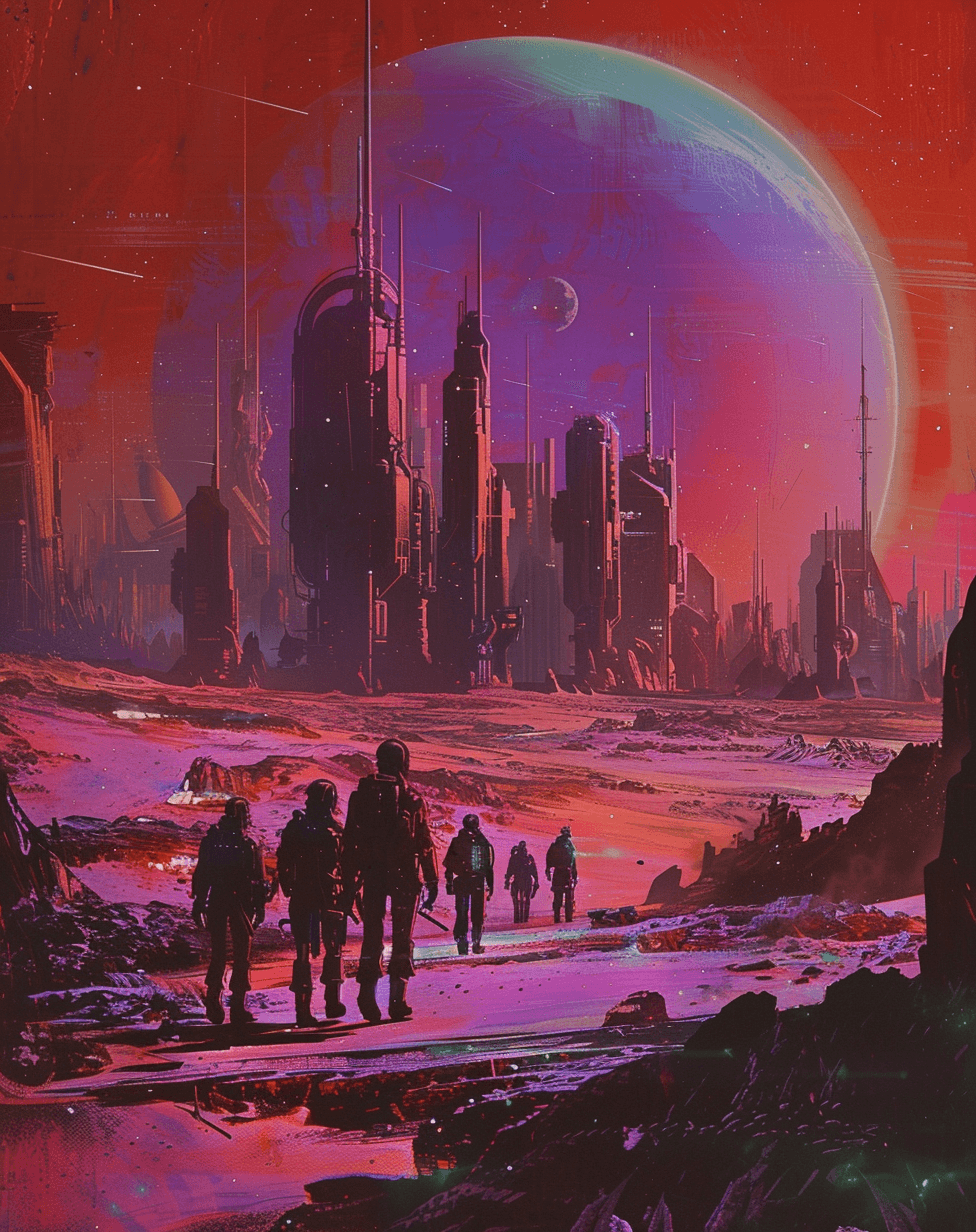 AI generated: A group of people walking towards the distant city, red background with purple and blue tones, scifi...