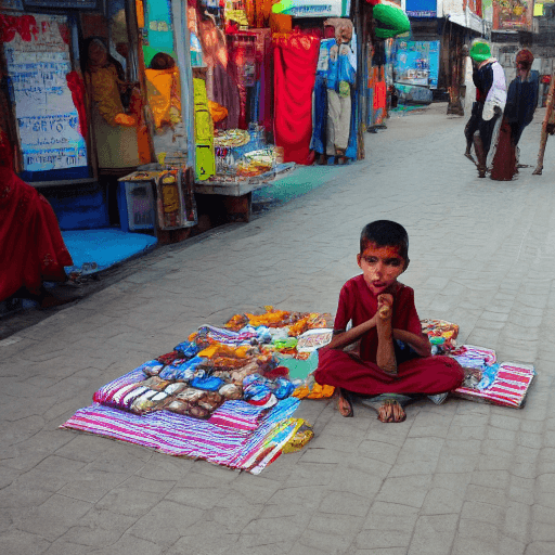 AI generated: little indian boy of 10 years siting on mat on road selling sweets