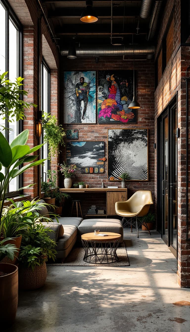 AI generated: Cozy apartment building, rustic brick fa\u00e7ade, industrial metal accents, reclaimed wood textures...