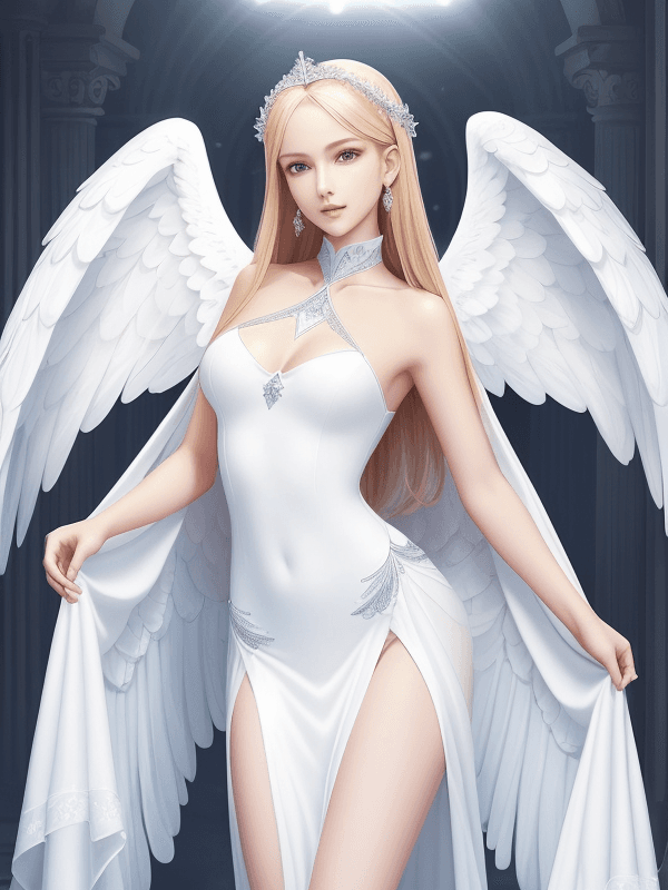 AI generated: A beautiful angel girl. Slender body. (Full body.) Angel wings. (Elegant clothes.) A beautiful face....