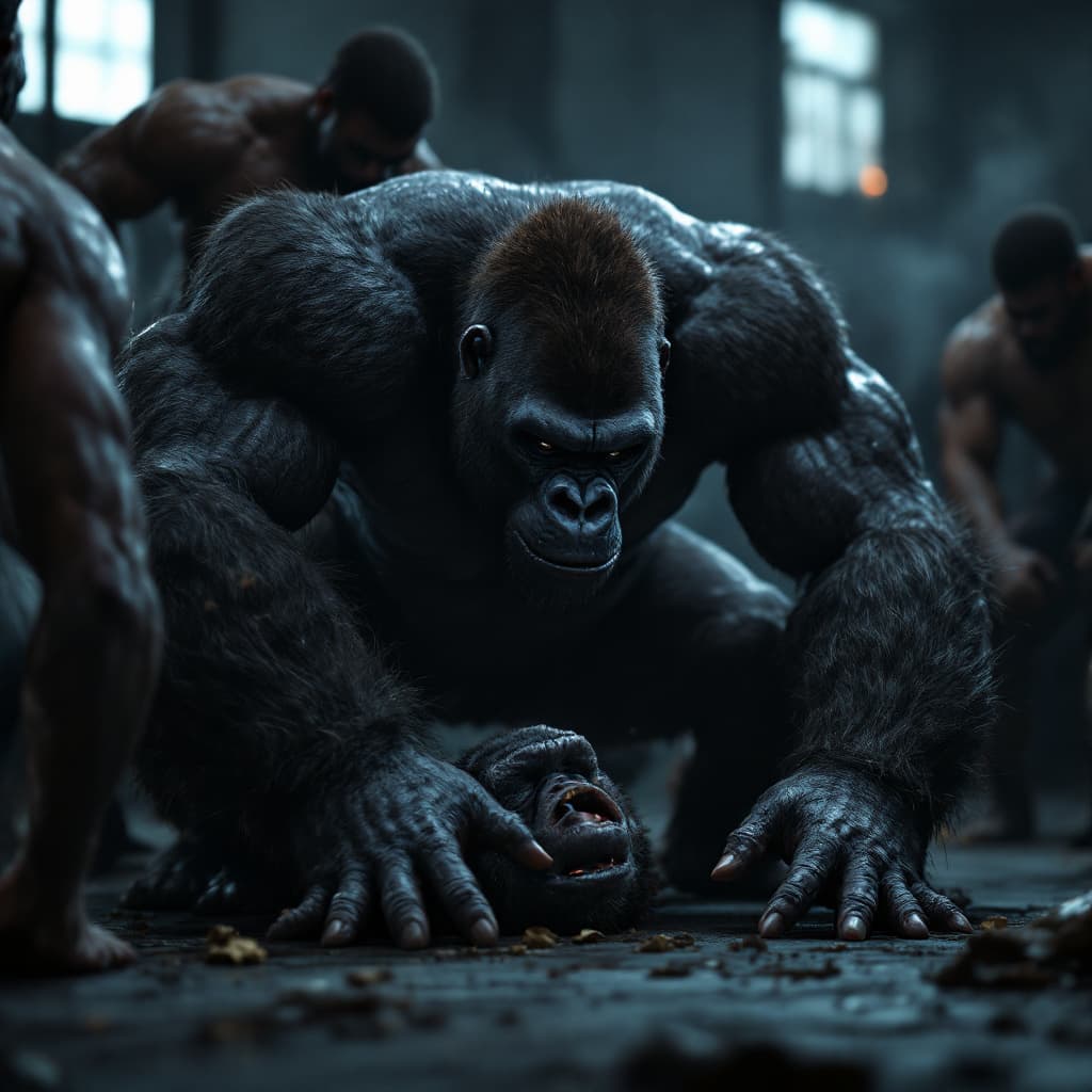 AI generated: Cinematic professional 3D animation of a gorilla  in a gym ring surrounded physically fit black men ...